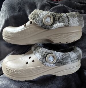 Crocs Lined Clogs in Beige with Gray Plaid Cuff